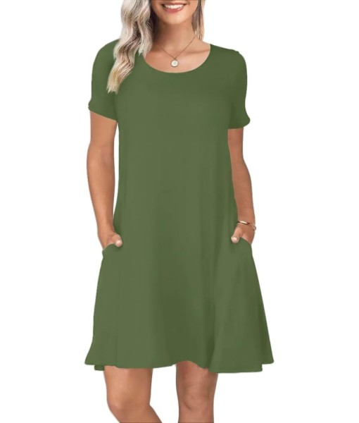 Women's Summer Casual Short Sleeve Crew Neck T Shirt Dresses Loose Swing with Pockets