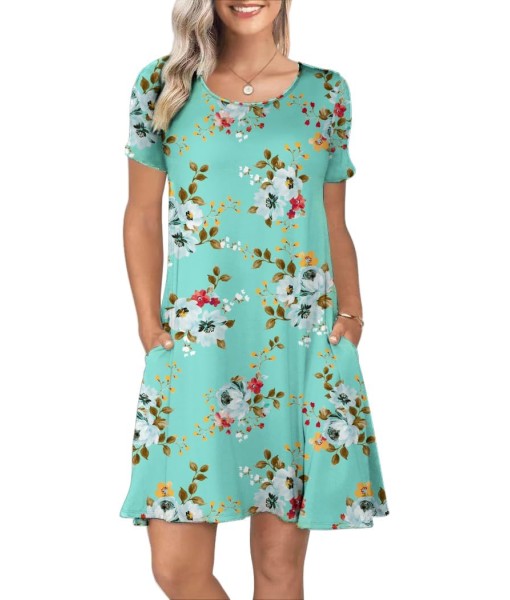 Women's Summer Casual Short Sleeve Crew Neck T Shirt Dresses Loose Swing with Pockets