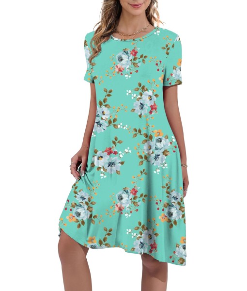 Women's Summer Casual Short Sleeve Crew Neck T Shirt Dresses Loose Swing with Pockets