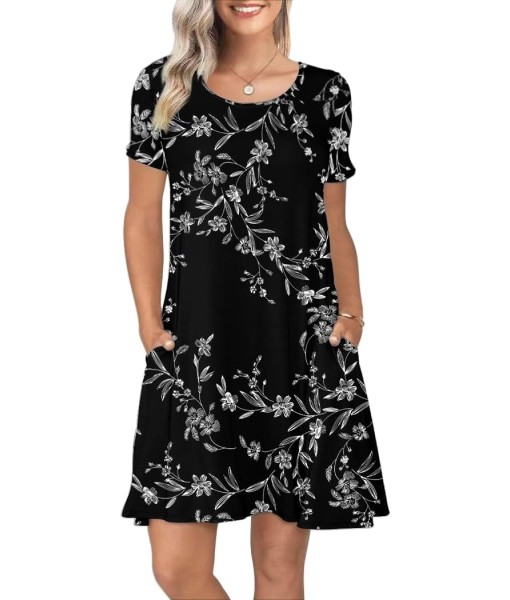 Women's Summer Casual Short Sleeve Crew Neck T Shirt Dresses Loose Swing with Pockets