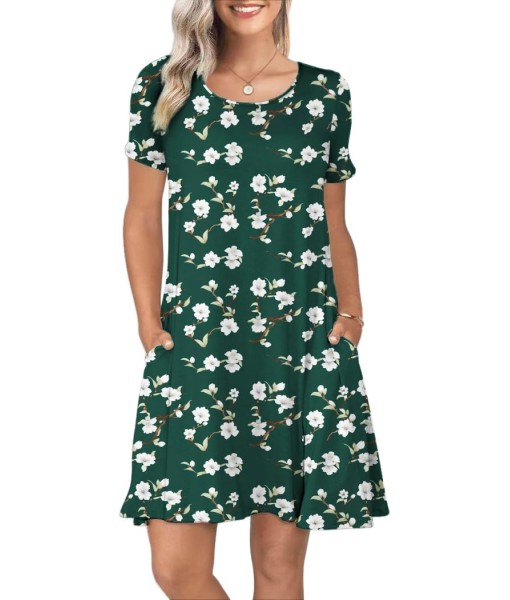 Women's Summer Casual Short Sleeve Crew Neck T Shirt Dresses Loose Swing with Pockets