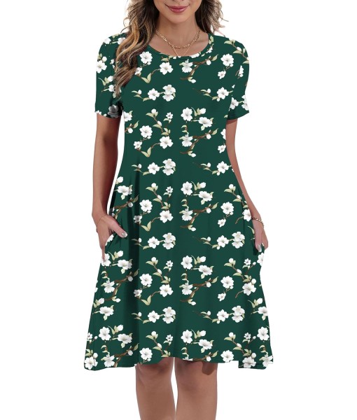 Women's Summer Casual Short Sleeve Crew Neck T Shirt Dresses Loose Swing with Pockets