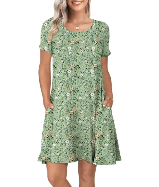 Women's Summer Casual Short Sleeve Crew Neck T Shirt Dresses Loose Swing with Pockets