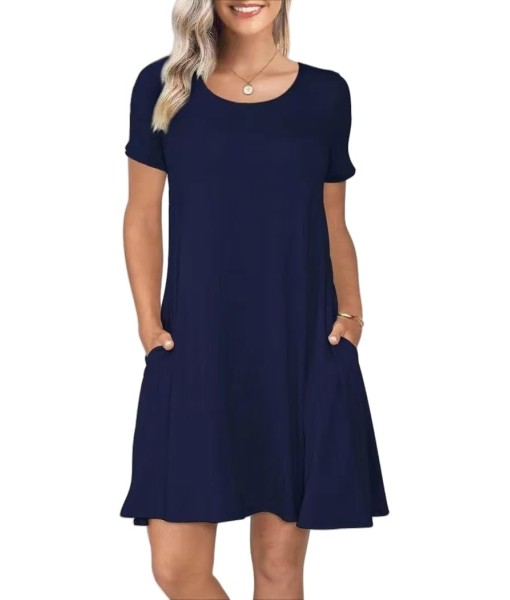 Women's Summer Casual Short Sleeve Crew Neck T Shirt Dresses Loose Swing with Pockets