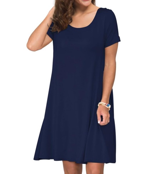 Women's Summer Casual Short Sleeve Crew Neck T Shirt Dresses Loose Swing with Pockets