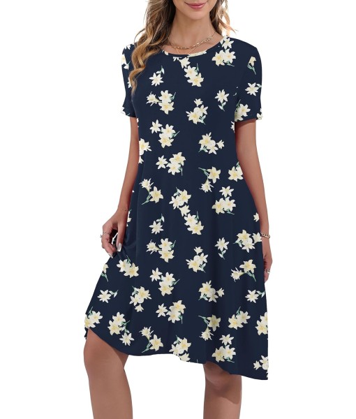 Women's Summer Casual Short Sleeve Crew Neck T Shirt Dresses Loose Swing with Pockets