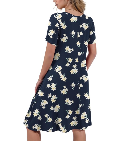 Women's Summer Casual Short Sleeve Crew Neck T Shirt Dresses Loose Swing with Pockets