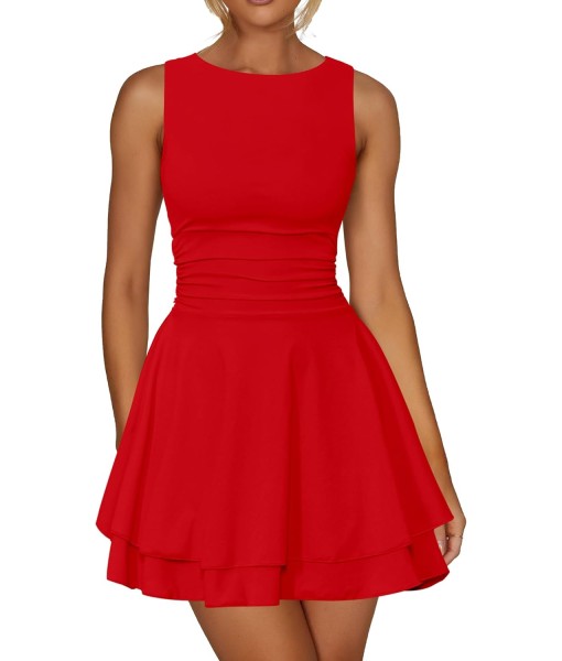 Kaximil Women's Ruffle Hem Boat Neck Mini Dress Sleeveless Ruched Corset Short Party Dresses