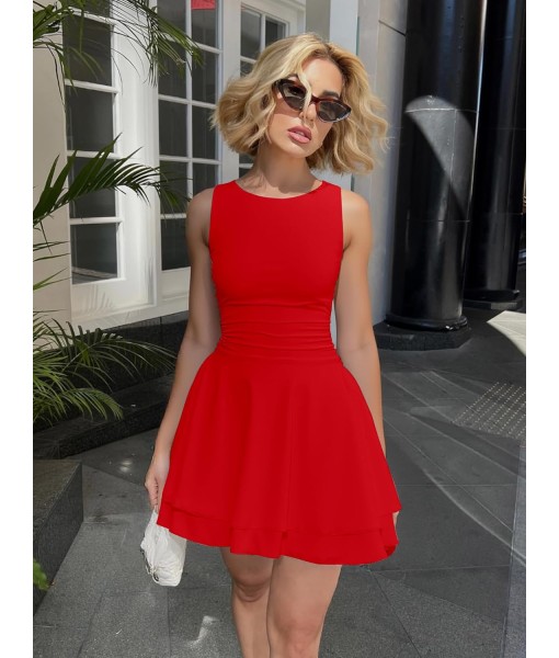 Kaximil Women's Ruffle Hem Boat Neck Mini Dress Sleeveless Ruched Corset Short Party Dresses