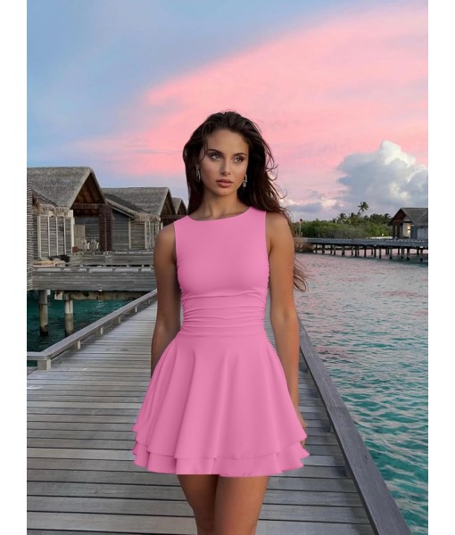 Kaximil Women's Ruffle Hem Boat Neck Mini Dress Sleeveless Ruched Corset Short Party Dresses