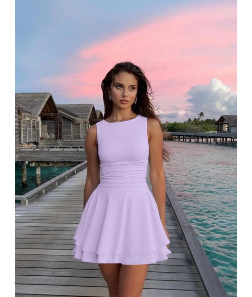 Kaximil Women's Ruffle Hem Boat Neck Mini Dress Sleeveless Ruched Corset Short Party Dresses