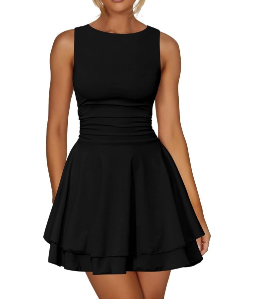 Kaximil Women's Ruffle Hem Boat Neck Mini Dress Sleeveless Ruched Corset Short Party Dresses