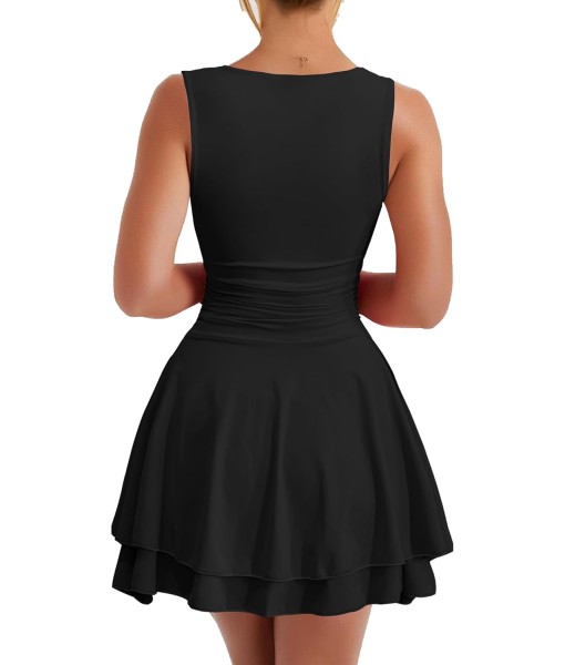 Kaximil Women's Ruffle Hem Boat Neck Mini Dress Sleeveless Ruched Corset Short Party Dresses