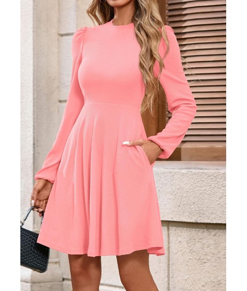 PRETTYGARDEN Womens Long Sleeve Mini Dress 2025 Fall Trendy Crewneck Ribbed Knit Soft A Line Flowy Summer Formal Dresses