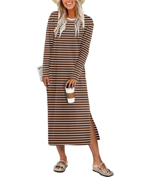 ANRABESS Long Sleeve Midi Dresses for Women Fall Fashion Casual Vacation Crewneck Loose Split Striped Long Tshirts Dress
