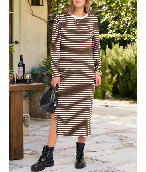 ANRABESS Long Sleeve Midi Dresses for Women Fall Fashion Casual Vacation Crewneck Loose Split Striped Long Tshirts Dress