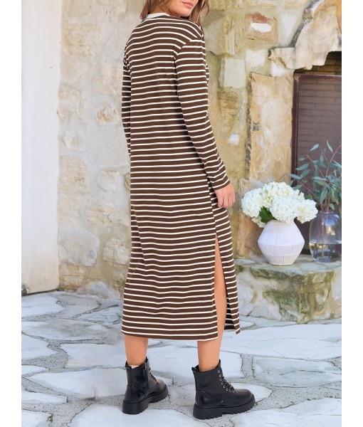 ANRABESS Long Sleeve Midi Dresses for Women Fall Fashion Casual Vacation Crewneck Loose Split Striped Long Tshirts Dress