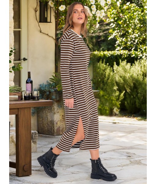 ANRABESS Long Sleeve Midi Dresses for Women Fall Fashion Casual Vacation Crewneck Loose Split Striped Long Tshirts Dress
