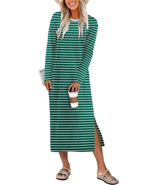 ANRABESS Long Sleeve Midi Dresses for Women Fall Fashion Casual Vacation Crewneck Loose Split Striped Long Tshirts Dress