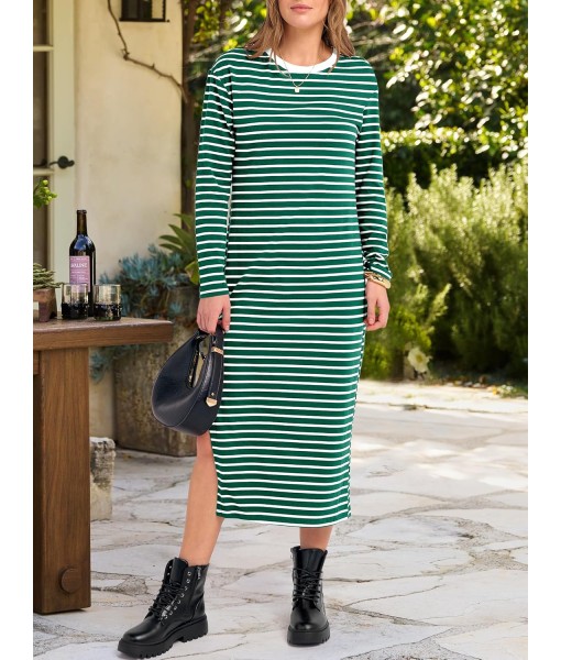 ANRABESS Long Sleeve Midi Dresses for Women Fall Fashion Casual Vacation Crewneck Loose Split Striped Long Tshirts Dress