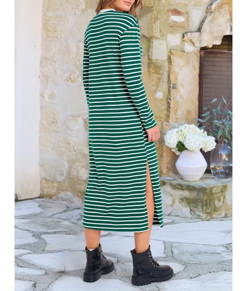 ANRABESS Long Sleeve Midi Dresses for Women Fall Fashion Casual Vacation Crewneck Loose Split Striped Long Tshirts Dress