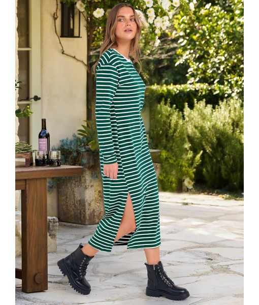 ANRABESS Long Sleeve Midi Dresses for Women Fall Fashion Casual Vacation Crewneck Loose Split Striped Long Tshirts Dress