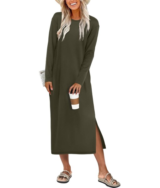 ANRABESS Long Sleeve Midi Dresses for Women Fall Fashion Casual Vacation Crewneck Loose Split Striped Long Tshirts Dress