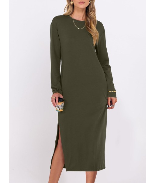 ANRABESS Long Sleeve Midi Dresses for Women Fall Fashion Casual Vacation Crewneck Loose Split Striped Long Tshirts Dress