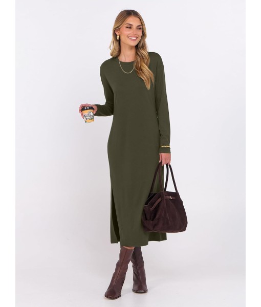 ANRABESS Long Sleeve Midi Dresses for Women Fall Fashion Casual Vacation Crewneck Loose Split Striped Long Tshirts Dress