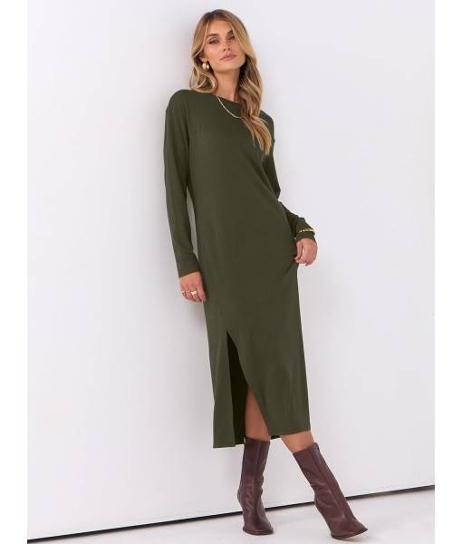 ANRABESS Long Sleeve Midi Dresses for Women Fall Fashion Casual Vacation Crewneck Loose Split Striped Long Tshirts Dress