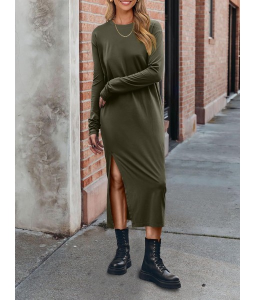 ANRABESS Long Sleeve Midi Dresses for Women Fall Fashion Casual Vacation Crewneck Loose Split Striped Long Tshirts Dress