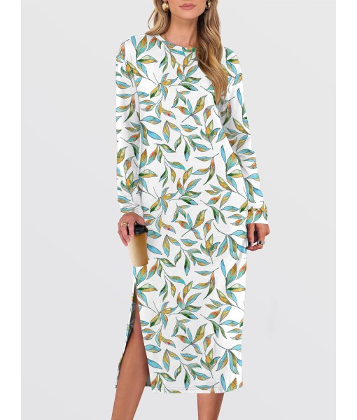 ANRABESS Long Sleeve Midi Dresses for Women Fall Fashion Casual Vacation Crewneck Loose Split Striped Long Tshirts Dress