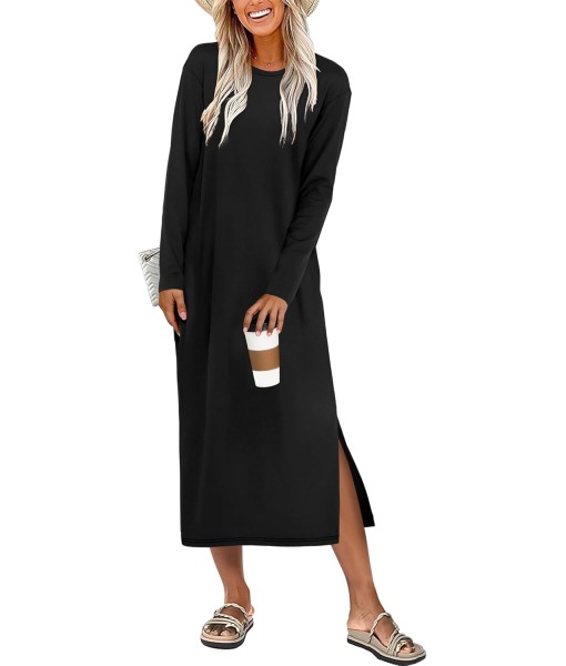 ANRABESS Long Sleeve Midi Dresses for Women Fall Fashion Casual Vacation Crewneck Loose Split Striped Long Tshirts Dress