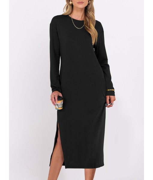 ANRABESS Long Sleeve Midi Dresses for Women Fall Fashion Casual Vacation Crewneck Loose Split Striped Long Tshirts Dress