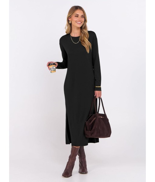ANRABESS Long Sleeve Midi Dresses for Women Fall Fashion Casual Vacation Crewneck Loose Split Striped Long Tshirts Dress