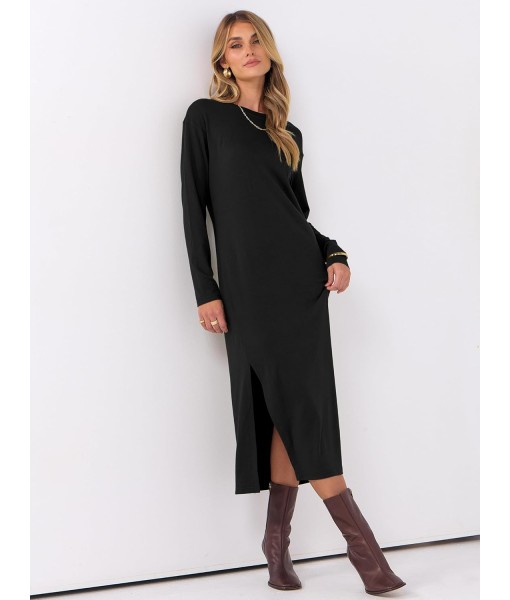 ANRABESS Long Sleeve Midi Dresses for Women Fall Fashion Casual Vacation Crewneck Loose Split Striped Long Tshirts Dress