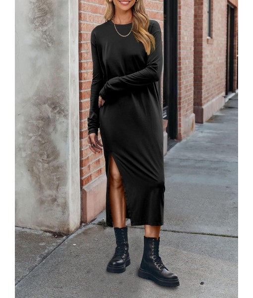 ANRABESS Long Sleeve Midi Dresses for Women Fall Fashion Casual Vacation Crewneck Loose Split Striped Long Tshirts Dress