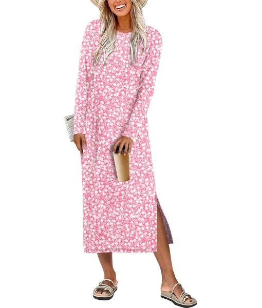 ANRABESS Long Sleeve Midi Dresses for Women Fall Fashion Casual Vacation Crewneck Loose Split Striped Long Tshirts Dress