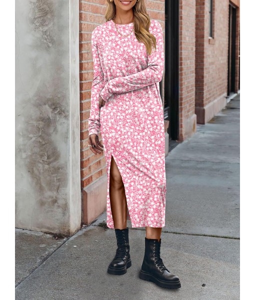 ANRABESS Long Sleeve Midi Dresses for Women Fall Fashion Casual Vacation Crewneck Loose Split Striped Long Tshirts Dress
