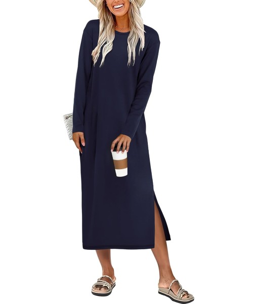 ANRABESS Long Sleeve Midi Dresses for Women Fall Fashion Casual Vacation Crewneck Loose Split Striped Long Tshirts Dress