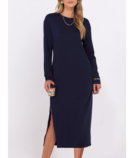 ANRABESS Long Sleeve Midi Dresses for Women Fall Fashion Casual Vacation Crewneck Loose Split Striped Long Tshirts Dress