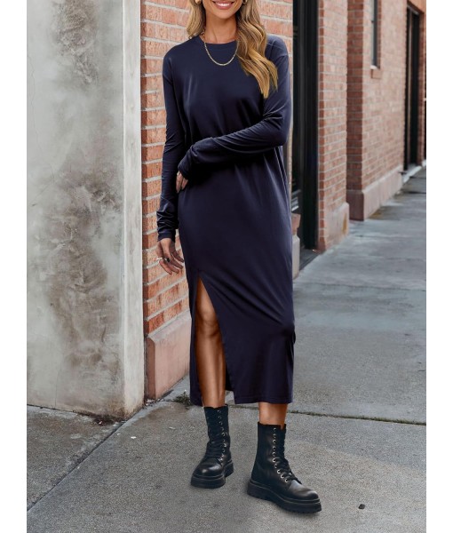 ANRABESS Long Sleeve Midi Dresses for Women Fall Fashion Casual Vacation Crewneck Loose Split Striped Long Tshirts Dress