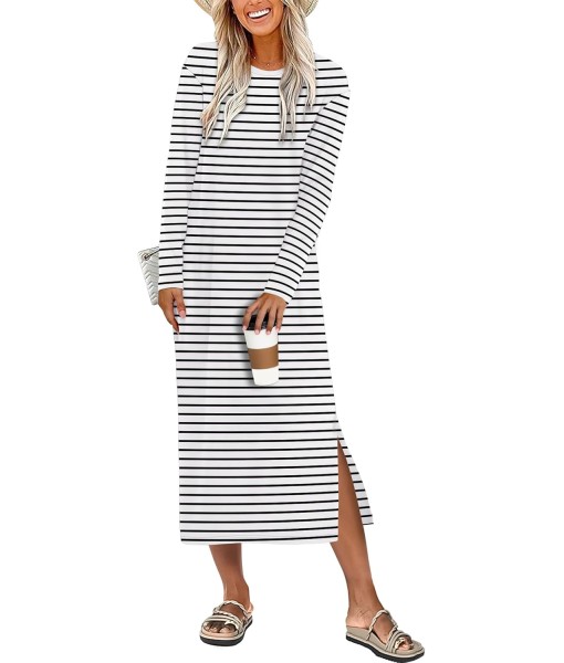 ANRABESS Long Sleeve Midi Dresses for Women Fall Fashion Casual Vacation Crewneck Loose Split Striped Long Tshirts Dress