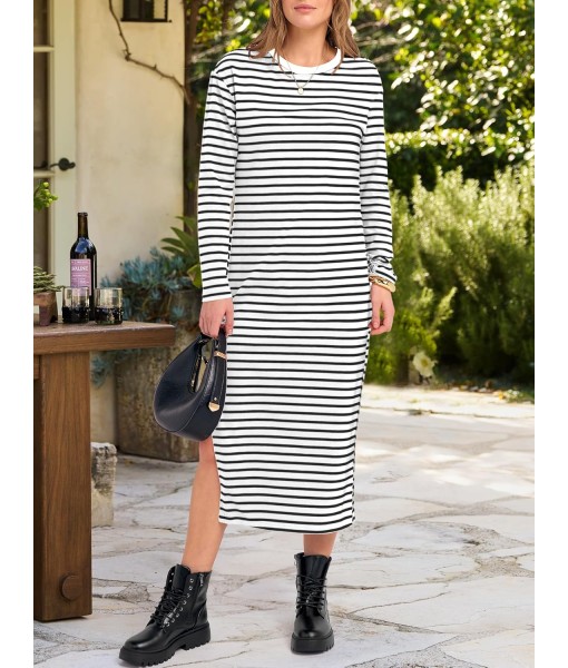 ANRABESS Long Sleeve Midi Dresses for Women Fall Fashion Casual Vacation Crewneck Loose Split Striped Long Tshirts Dress