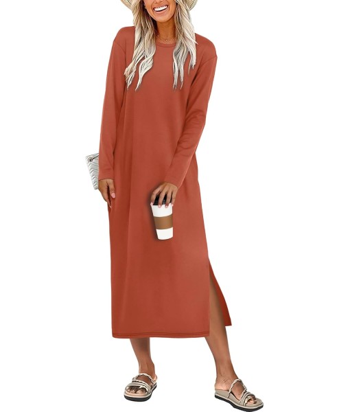 ANRABESS Long Sleeve Midi Dresses for Women Fall Fashion Casual Vacation Crewneck Loose Split Striped Long Tshirts Dress