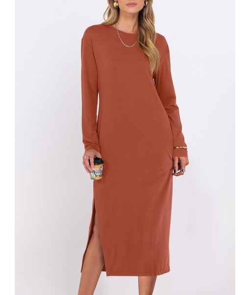 ANRABESS Long Sleeve Midi Dresses for Women Fall Fashion Casual Vacation Crewneck Loose Split Striped Long Tshirts Dress