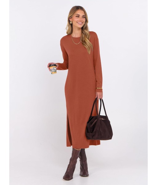ANRABESS Long Sleeve Midi Dresses for Women Fall Fashion Casual Vacation Crewneck Loose Split Striped Long Tshirts Dress