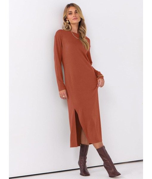 ANRABESS Long Sleeve Midi Dresses for Women Fall Fashion Casual Vacation Crewneck Loose Split Striped Long Tshirts Dress