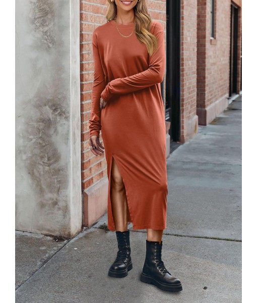 ANRABESS Long Sleeve Midi Dresses for Women Fall Fashion Casual Vacation Crewneck Loose Split Striped Long Tshirts Dress