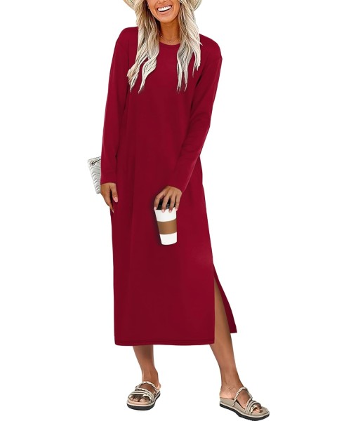 ANRABESS Long Sleeve Midi Dresses for Women Fall Fashion Casual Vacation Crewneck Loose Split Striped Long Tshirts Dress